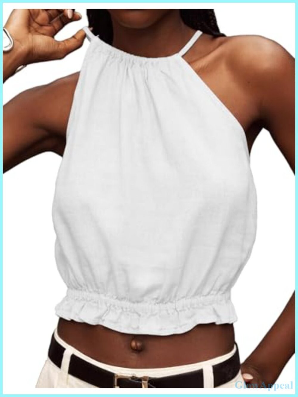 Womens Crop Linen Halter Top High Neck Sleeveless Summer Tank Shirt